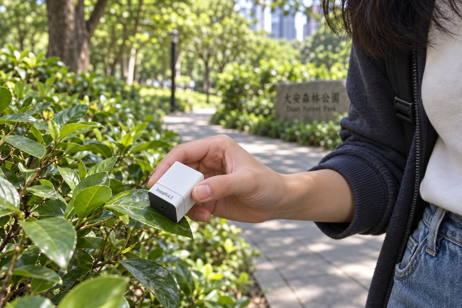 學生在大安森林公園步道旁,以取色器貼近矮樹叢的葉片取色